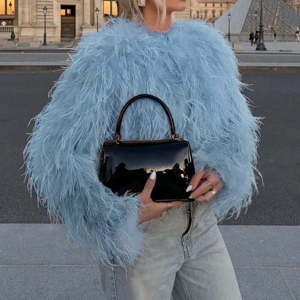 Blue Casual Women's Crew Neck Long Haired Coat